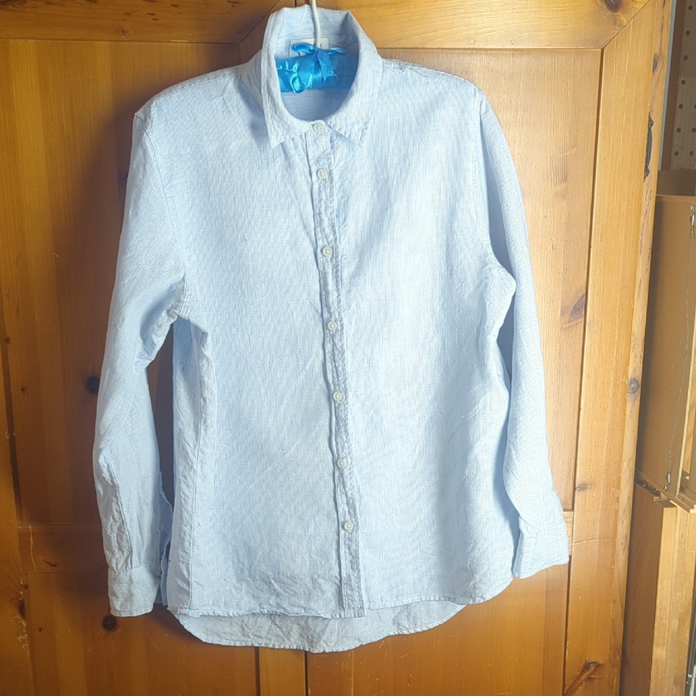 100% Linen Large Hudson North Light Blue Striped Shirt